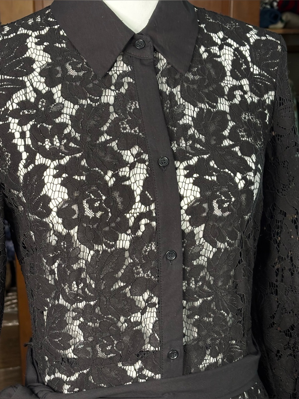 ZARA Black Lace Belted Shirt Dress Sz Small - Picture 7 of 9